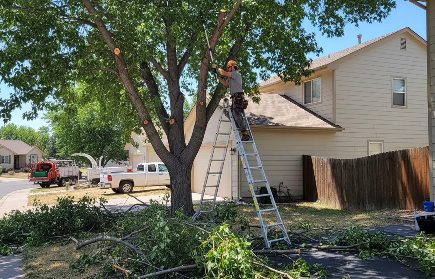 Tree service crew trimming a residential tree